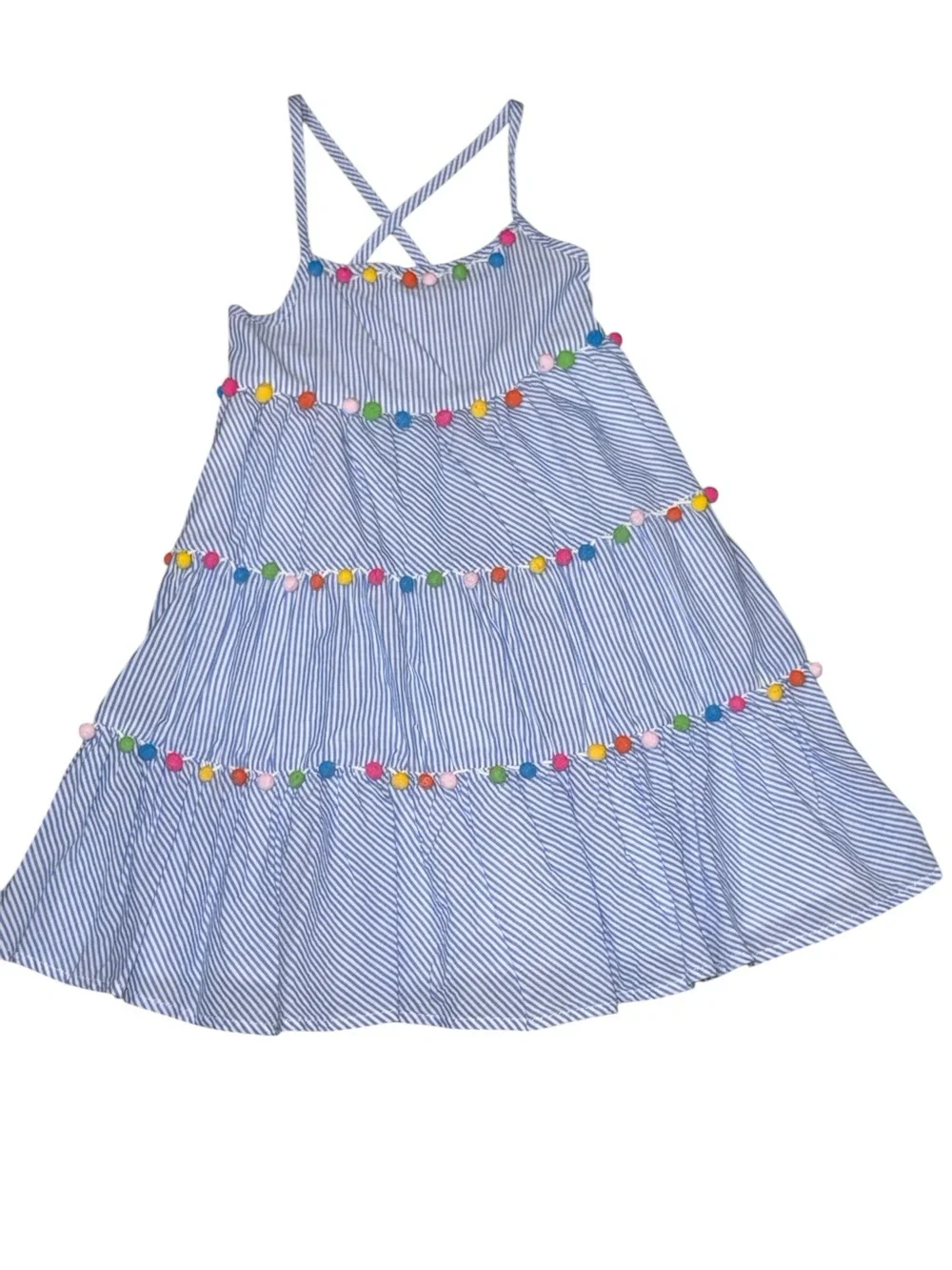 Tommy Bahama Blue and White Striped Pom-Pom Tiered Dress